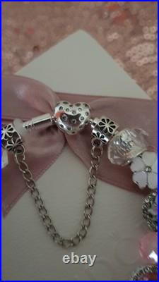 Authentic Silver Pandora Bracelet Pave clasp + Charms Shown 19 cm + Pandora Box Authentic Silver Pandora Bracelet Pave clasp + Charms Shown 19 cm + Pandora Box