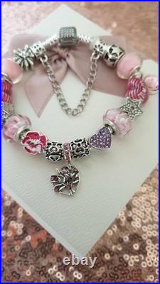 Authentic Silver Pandora Bracelet Pave clasp + Charms Shown 19 cm + Pandora Box Authentic Silver Pandora Bracelet Pave clasp + Charms Shown 19 cm + Pandora Box