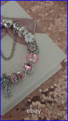 Authentic Silver Pandora Bracelet Pave clasp + Charms Shown 19 cm + Pandora Box Authentic Silver Pandora Bracelet Pave clasp + Charms Shown 19 cm + Pandora Box