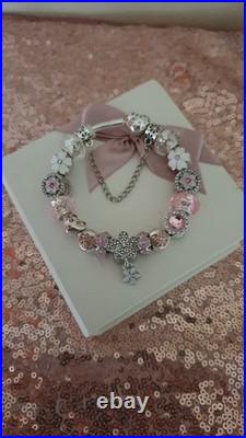 Authentic Silver Pandora Bracelet Pave clasp + Charms Shown 19 cm + Pandora Box Authentic Silver Pandora Bracelet Pave clasp + Charms Shown 19 cm + Pandora Box