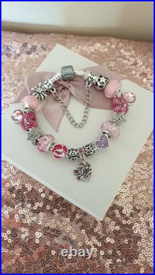Authentic Silver Pandora Bracelet Pave clasp + Charms Shown 19 cm + Pandora Box Authentic Silver Pandora Bracelet Pave clasp + Charms Shown 19 cm + Pandora Box