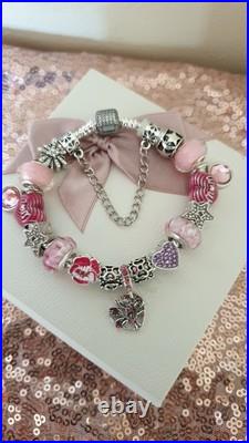 Authentic Silver Pandora Bracelet Pave clasp + Charms Shown 19 cm + Pandora Box Authentic Silver Pandora Bracelet Pave clasp + Charms Shown 19 cm + Pandora Box