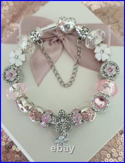 Authentic Silver Pandora Bracelet Pave clasp + Charms Shown 19 cm + Pandora Box Authentic Silver Pandora Bracelet Pave clasp + Charms Shown 19 cm + Pandora Box