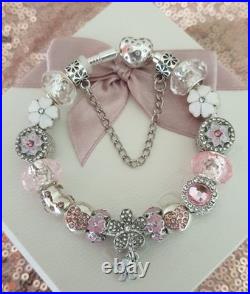Authentic Silver Pandora Bracelet Pave clasp + Charms Shown 19 cm + Pandora Box Authentic Silver Pandora Bracelet Pave clasp + Charms Shown 19 cm + Pandora Box