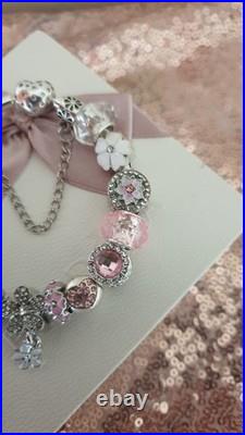 Authentic Silver Pandora Bracelet Pave clasp + Charms Shown 19 cm + Pandora Box Authentic Silver Pandora Bracelet Pave clasp + Charms Shown 19 cm + Pandora Box