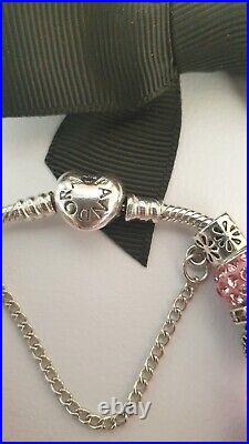 Authentic Silver Pandora Bracelet + Silver & Pink Charms 19 cm +Pandora Box