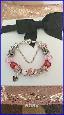 Authentic Silver Pandora Bracelet + Silver & Pink Charms 19 cm +Pandora Box