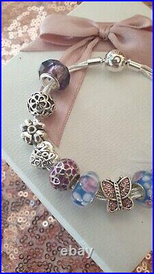 Authentic Silver Pandora Bracelet + Silver & Purple Charms 19 cm + Box