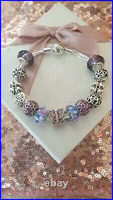 Authentic Silver Pandora Bracelet + Silver & Purple Charms 19 cm + Box