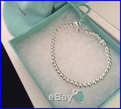 Authentic Tiffany & Co. Silver 4mm Mini Bead Bracelet Heart Charm 7 18128A