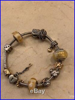 Authentic pandora bracelet with charms Warm Gold, Silver And Ivory Tones