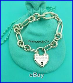 Authentic silver TIFFANY & CO. ARC HEART PADLOCK OVAL ROUND LINK charm BRACELET