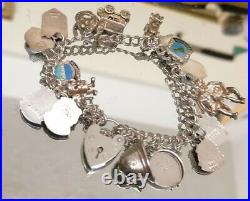 BEAUTIFUL Sterling SILVER CHARM BRACELET OPEN LINK 7 inch WITH 18 CHARMS