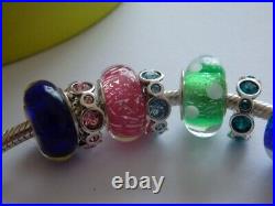 Beautiful 925 Silver Chamilia Bracelet + 19 Charms Blue Pink Green Theme In Box