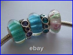 Beautiful 925 Silver Chamilia Bracelet + 19 Charms Blue Pink Green Theme In Box