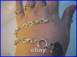 Beautiful Sold Silver Bracelet Unusual Design & Dangling Solid Heart Charm 7.5