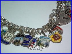Beautiful c1960 X33 Places Solid Silver Bracelet Enamelled Travel Shield Charms