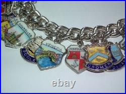 Beautiful c1960 X33 Places Solid Silver Bracelet Enamelled Travel Shield Charms