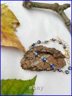Blue Gemstone 14K YellowGold Over blue Devil Evil Eye Bracelet Adjustable Charm