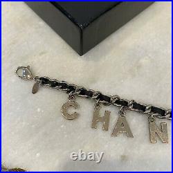CHANEL 04V Vintage Logo Black Leather & Silver Chain Letter Charms Bracelet