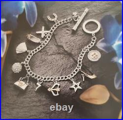 CLOGAU Silver & Rose Gold Charm T-Bar Fortune Bracelet 11 Charms 7.5in / 19cm