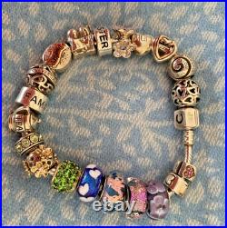 Chamilia 20cm Silver Bracelet with 18x charms, beads & stoppers great condition