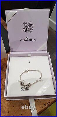 Chamilia Sterling Silver snap clasp bracelet with charms 19cm NIB