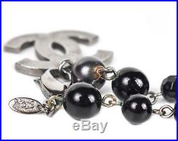 Chanel Black Pearl Bracelet CC Silver Large Logo Charm Cuff Bangle 11v
