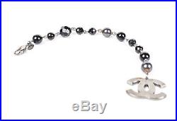 Chanel Black Pearl Bracelet CC Silver Large Logo Charm Cuff Bangle 11v