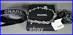 Chanel Bracelet Double Strand Silver Logo CC Grey Pearls Woven Chain NEW BOX