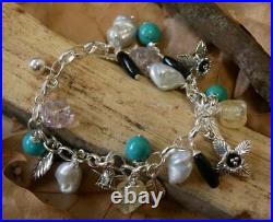 Charm Bracelet Pearl, Agate and Turquoise Gemstones Sterling Silver New 21cm