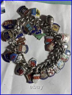 Charm Bracelet With 35approx. UK County National Crests Sterling Silver 60 Gram Charm Bracelet With 35approx. UK County National Crests Sterling Silver 60 Gram