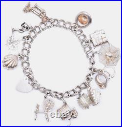 Charm Silver Vintage Bracelet 12 Charms Bible Hat Maple Leaf 44.2 Grams