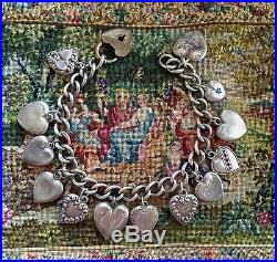 Charming Victorian Sterling Silver Puffy Repousse Heart Charm Bracelet 19.4 g