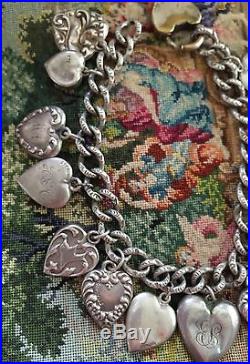 Charming Victorian Sterling Silver Puffy Repousse Heart Charm Bracelet 19.4 g