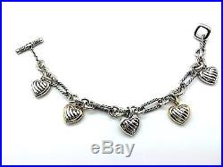DAVID YURMAN 18K & Silver Heart 5 Charm Cable Bracelet, Toggle Closure(Authentic)