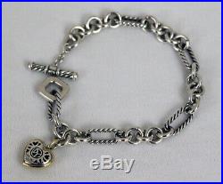 DY DAVID YURMAN 925 Sterling Silver + 18K Gold Cable Link Heart Charm Bracelet