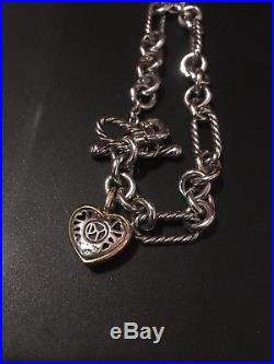 David Yurman Cable Link Bracelet Sterling Silver Heart Charm 18k / Sterling
