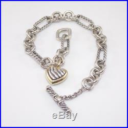 David Yurman Sterling Silver 18K Yellow Gold Cable Heart Charm Bracelet 7.5