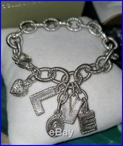 Designer Judith Ripka Sterling silver rolo link chain LOVE charm Bracelet RARE