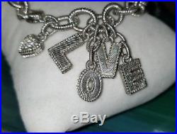 Designer Judith Ripka Sterling silver rolo link chain LOVE charm Bracelet RARE