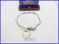 Edwardian Sterling Silver Acorn Forn Charm Bracelet with Sixpence 1902 Antique