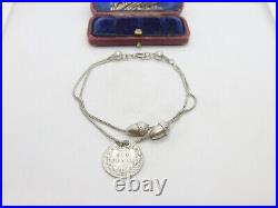 Edwardian Sterling Silver Acorn Forn Charm Bracelet with Sixpence 1902 Antique