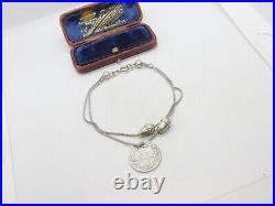 Edwardian Sterling Silver Acorn Forn Charm Bracelet with Sixpence 1902 Antique