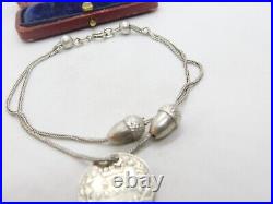 Edwardian Sterling Silver Acorn Forn Charm Bracelet with Sixpence 1902 Antique