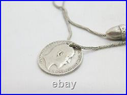 Edwardian Sterling Silver Acorn Forn Charm Bracelet with Sixpence 1902 Antique