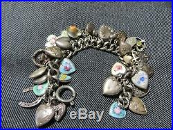 Edwardian/Victorian/ Sterling Curb Ornate Bracelet with 34 Hearts & Charms 7 3/4
