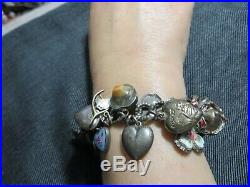 Edwardian/Victorian/ Sterling Curb Ornate Bracelet with 34 Hearts & Charms 7 3/4