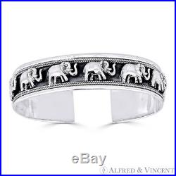 Elephant Charm Open Cuff Adjustable Bangle Bracelet in Solid 925 Sterling Silver