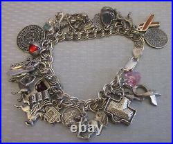 Estate 28P STERLING SILVER CHARM BRACELET full loaded figural enamel gemstone 8